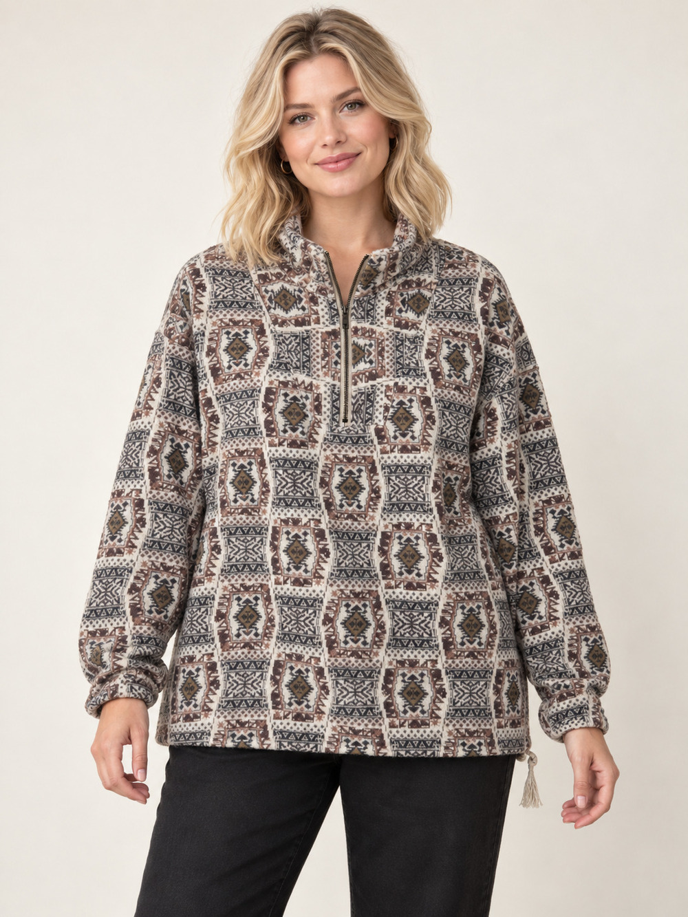 Lands' End Cream Brown Geometric Cotton Quarter Zip Pullover XL #A6055